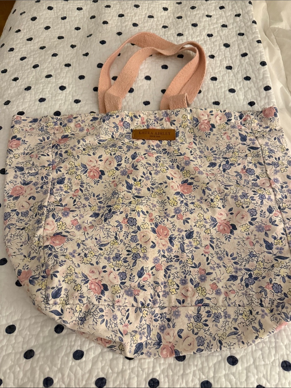 Laura Ashley Pink and Blue Floral Canvas Tote Pale Pink Handles large 21" x 18"